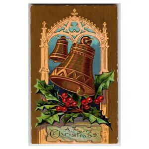 Vintage Embossed Christmas Postcard with Bells and Holly